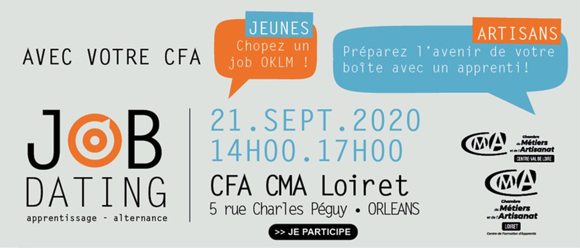 Avec votre CFA, jeunes: chopez un job OKLM, artisans: préparez l'avenir de votre boîte avec un apprenti. 21 sept 2020, 14h 17h, CFA CMA Loiret, 5 rue charles Péguy
