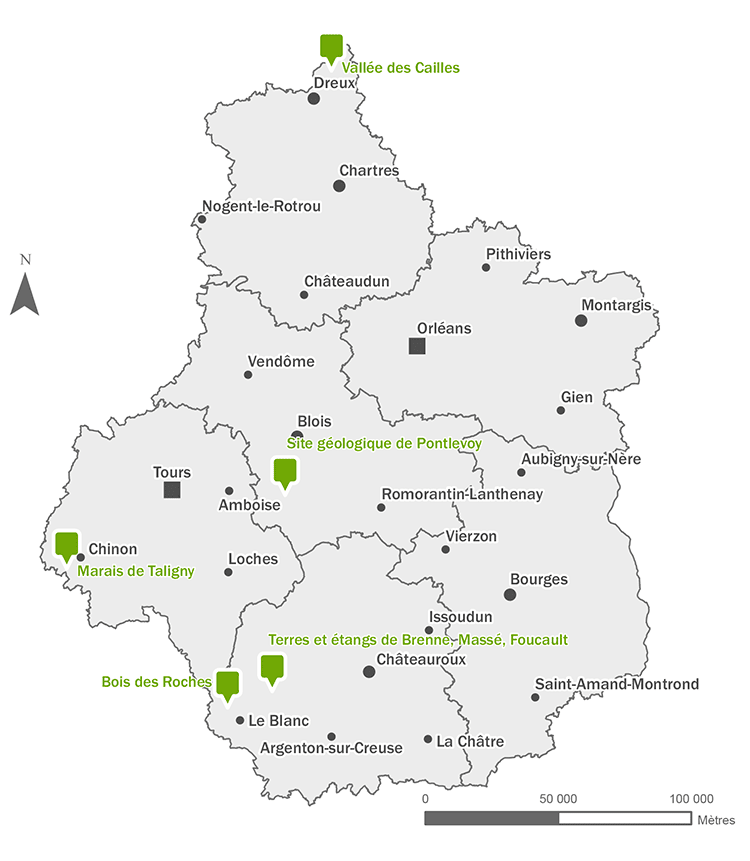 Carte de la région Centre-Val de Loire situant les réserves naturelles régionales 