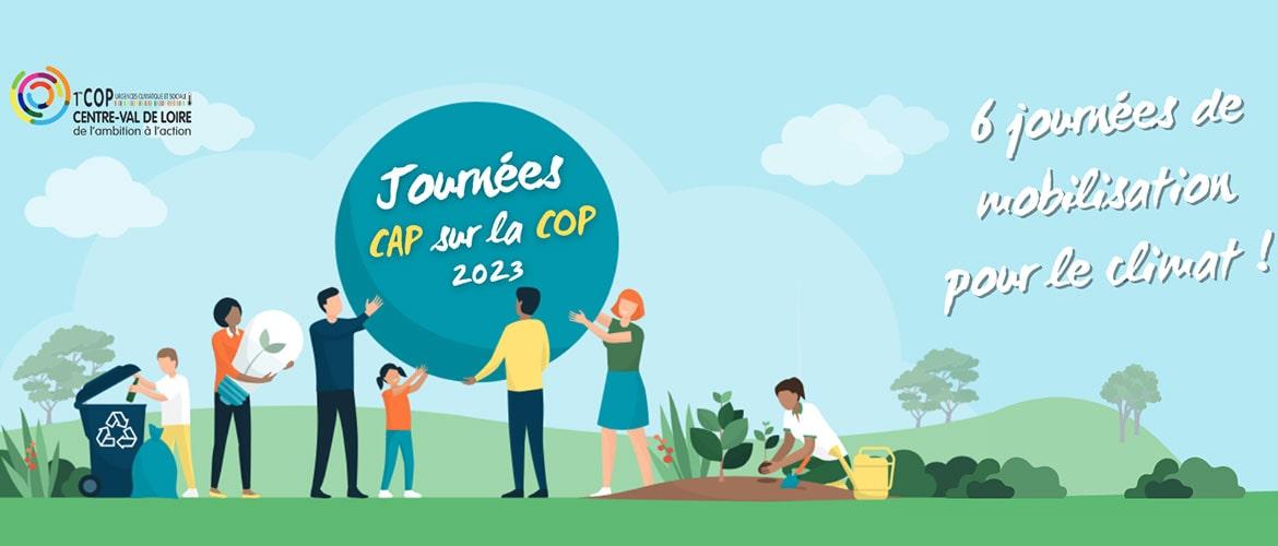 illustration Cap sur la cop - personnages qui tiennent une sphère ou il est écrit "cap sur la cop"